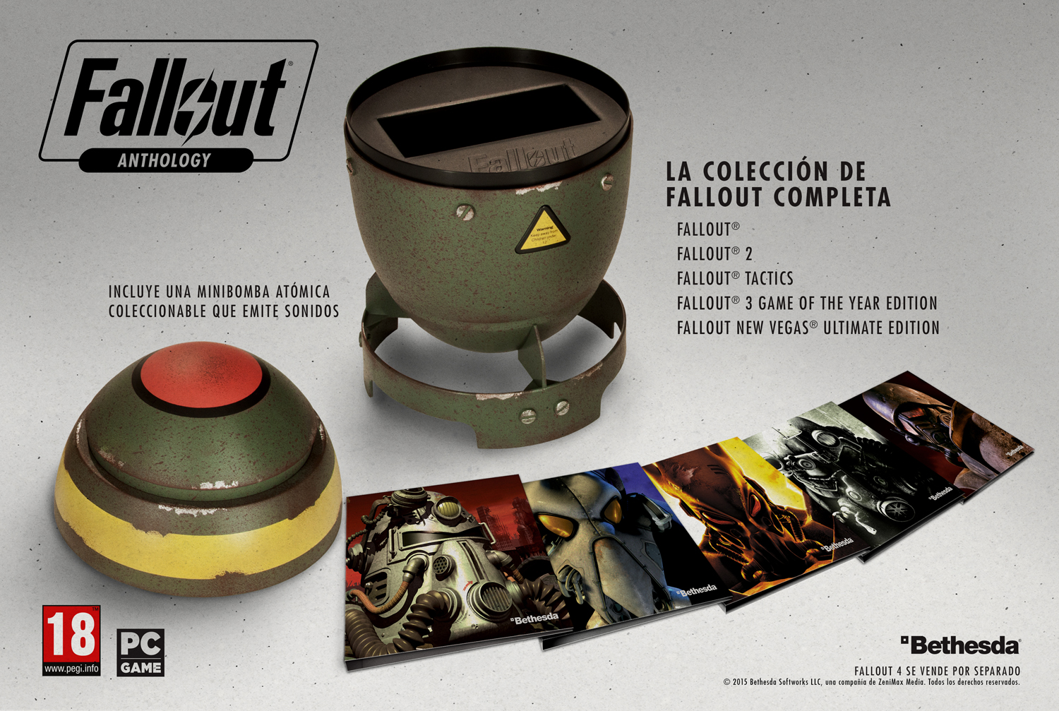 Eso es: la Fallout Anthology se vende dentro de una bomba nuclear en miniatura y con un aire retro fantástico. No, no tiene plutonio.