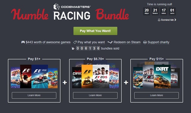 Juegos de conducción y DLCs en el Humble Bundle de Codemasters.